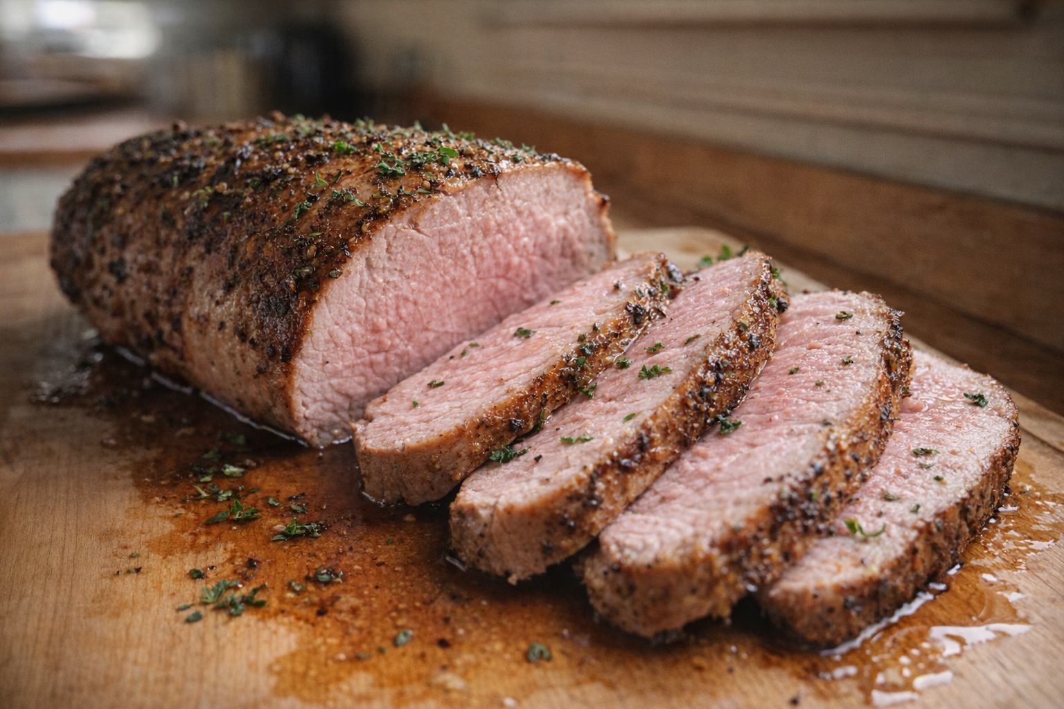A perfectly baked pork tenderloin on a cutting board, glistening with juices, sliced to reveal a pink interior, herbs sprinkled on top, soft, diffused lighting